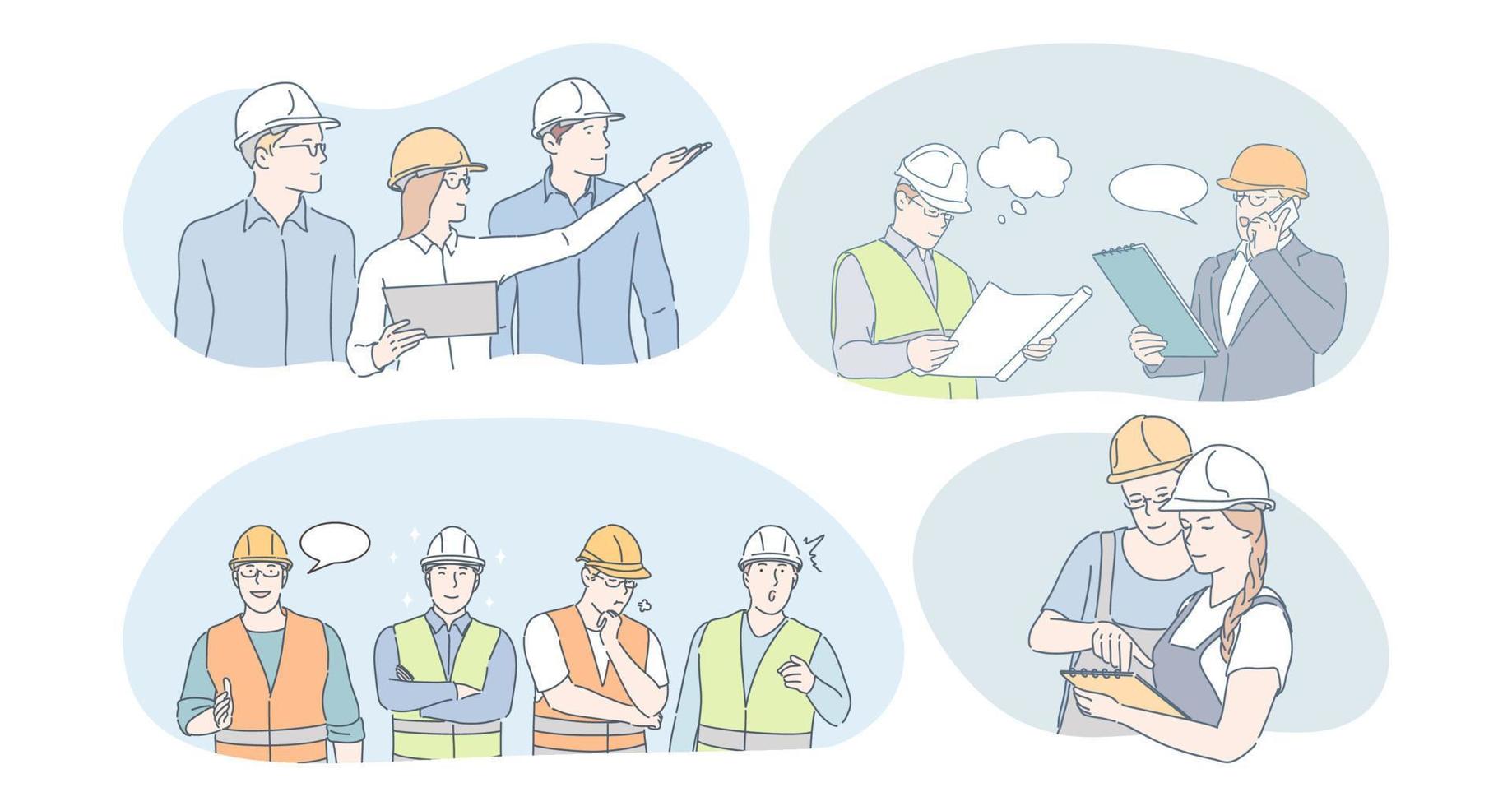 concepto de trabajadores de ingeniería y construcción. ingenieros, constructores y gerentes de personas con cascos protectores y uniformes que se comunican y discuten proyectos de construcción y planes de construcción juntos vector