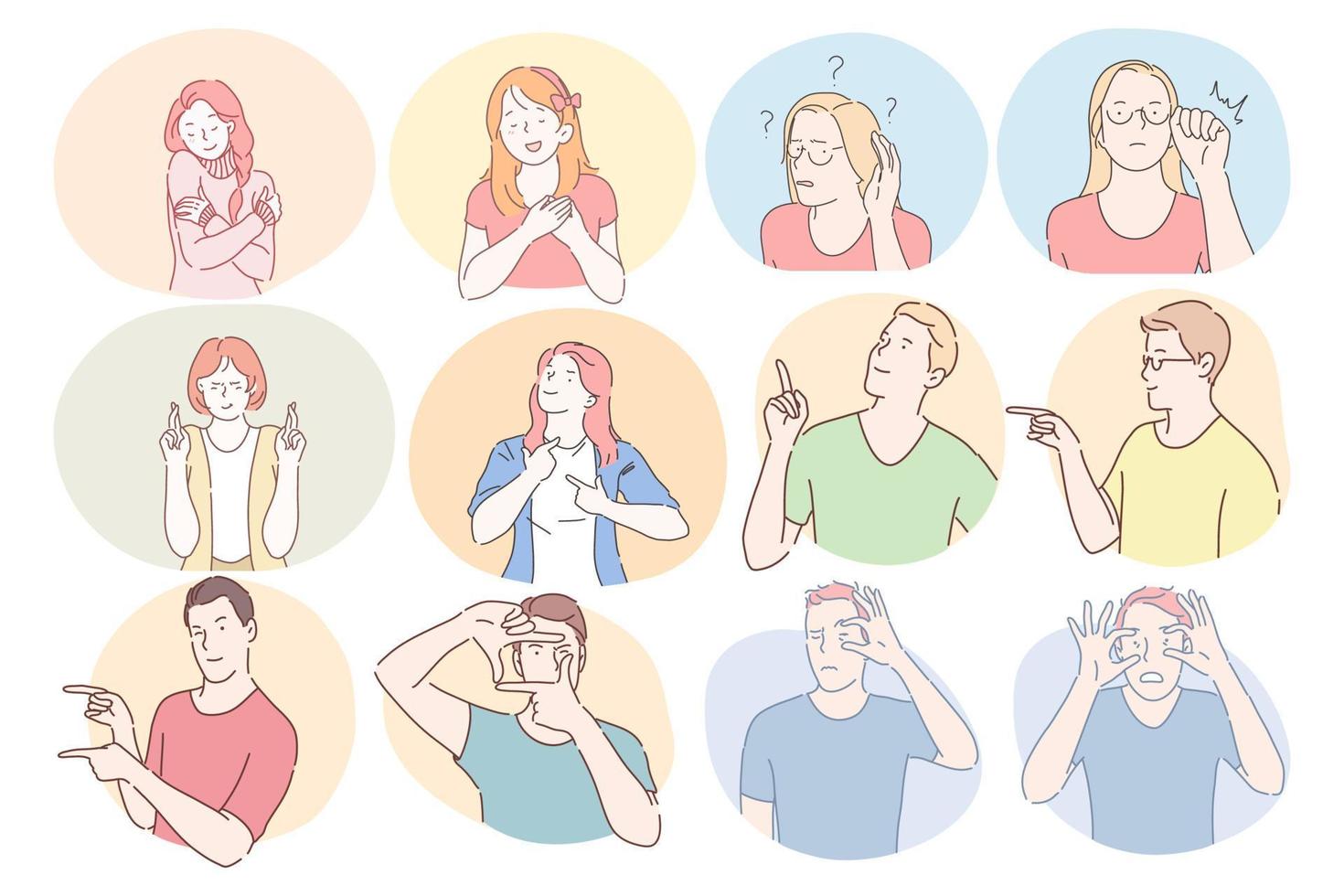 Sign language, gestures, hands communication concept. Young boys and girls cartoon characters showing hugs, hope, thankfulness, shock and pointing both finger to different sides illustration vector