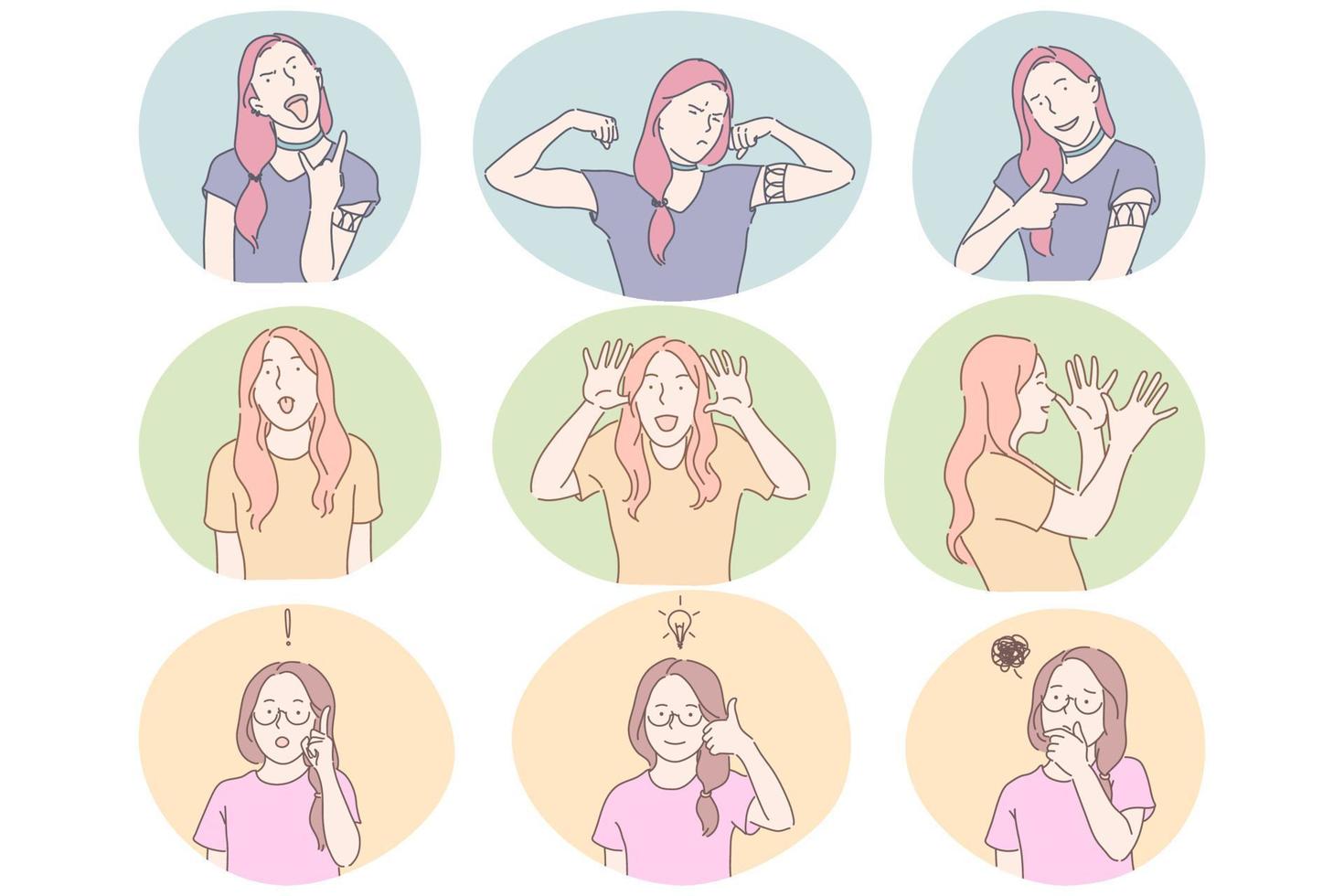 Sign language, gestures, hands and facial expression communication concept. Young girls cartoon characters showing cool strength, power, fun, having idea and showing doubt, having fun and foolish vector