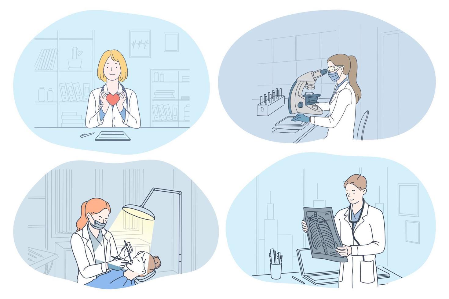 X-ray in medicine, dentistry, laboratory, surgery concept. People doctors holding x-ray image of spine, making shot of teeth, working in lab and holding heart as symbol of health in medical clinic vector