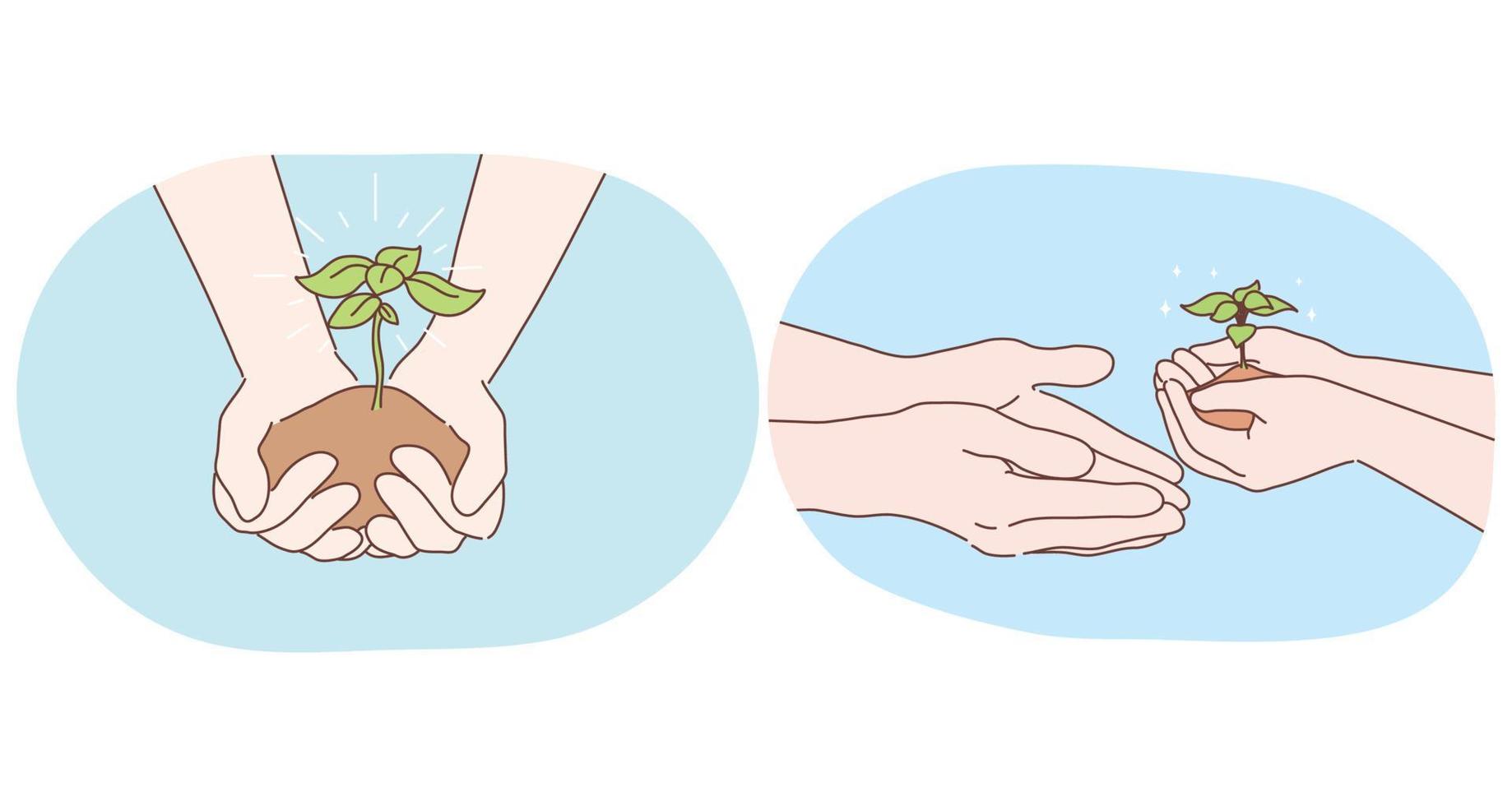 Ecology, environment protection and gardening concept. Human hands holding piece of ground with little green sprout in it and handing over to next generations as symbol of new life and ecosystem vector