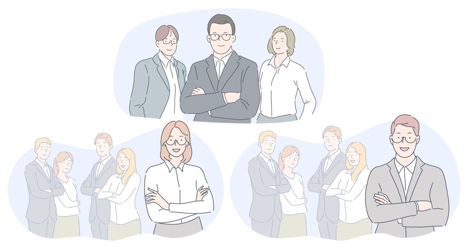 Teamwork, leadership, business concept. Smiling young business people partners office coworkers standing in teams and looking at camera in official clothing together vector illustration