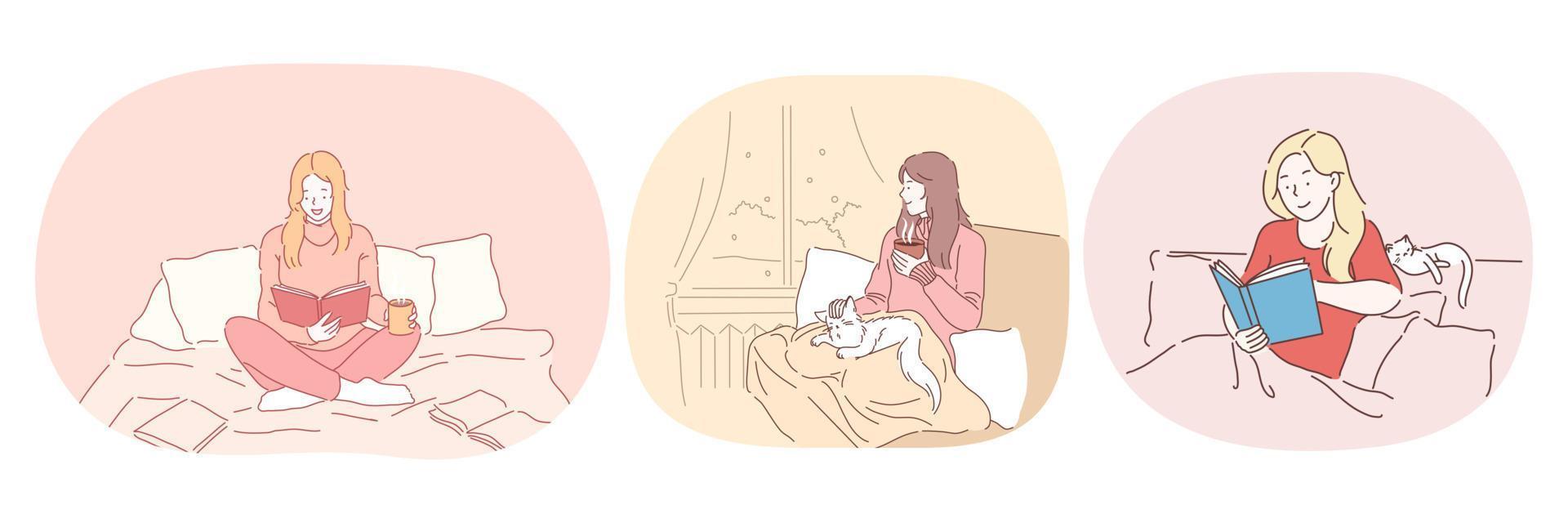 Relaxation with book at home, lazy bedding time concept. Young positive women in comfortable home clothing staying in bed, reading books and relaxing with cat and hot drink at home vector