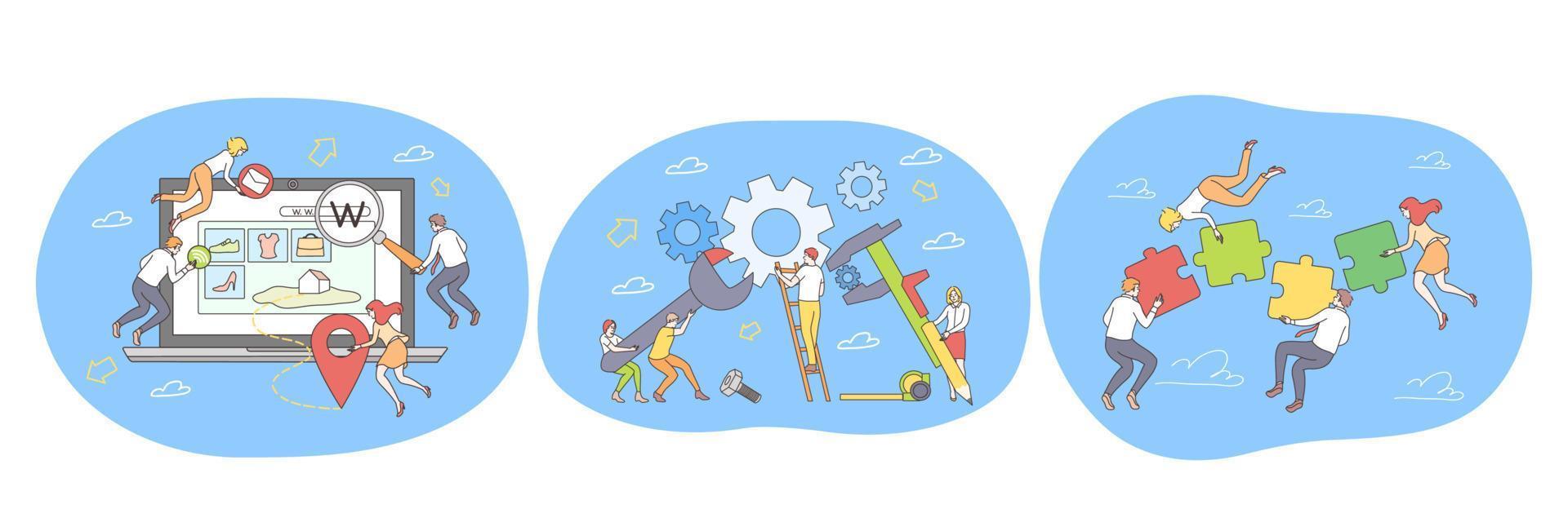 Teamwork, collaboration, cooperation, successful project realization concept. Business people with gears and puzzle pieces working on projects and achieving common business goals together vector