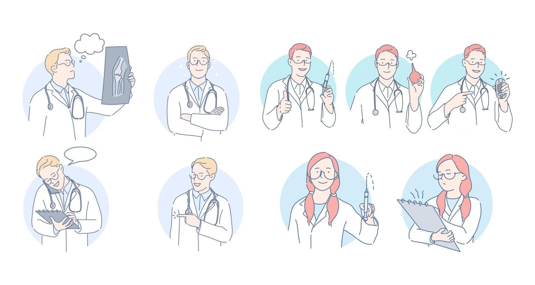 Medicare, healthcare, doctors and therapist during work concept. Professional doctors men and women cartoon characters in white medical uniform making examination and treatment procedures during work vector