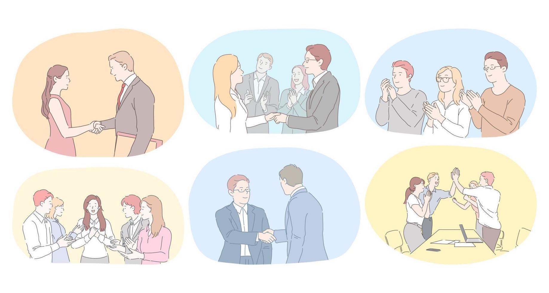 Teamwork, agreement, development in office concept. Business people partners coworkers shaking hands after successful negotiations, applauding for colleagues success and making agreements illustration vector