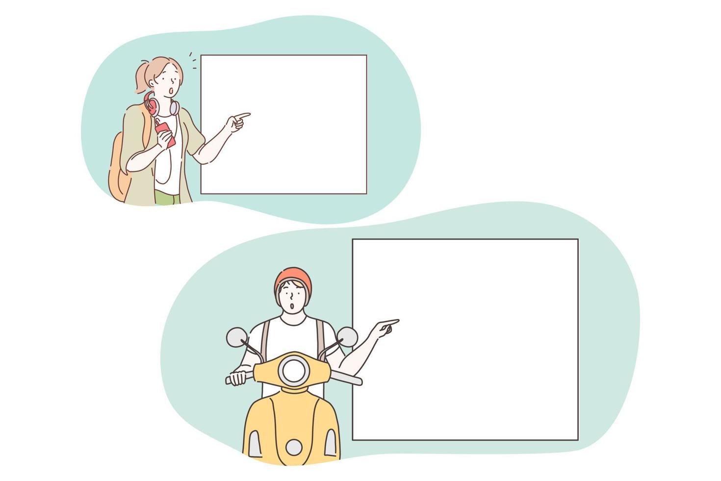 Demonstration, promotion, advertisement concept. Young woman and motorcyclist pointing with fingers at white blank placard with copy space for text and advertising isolated over white vector