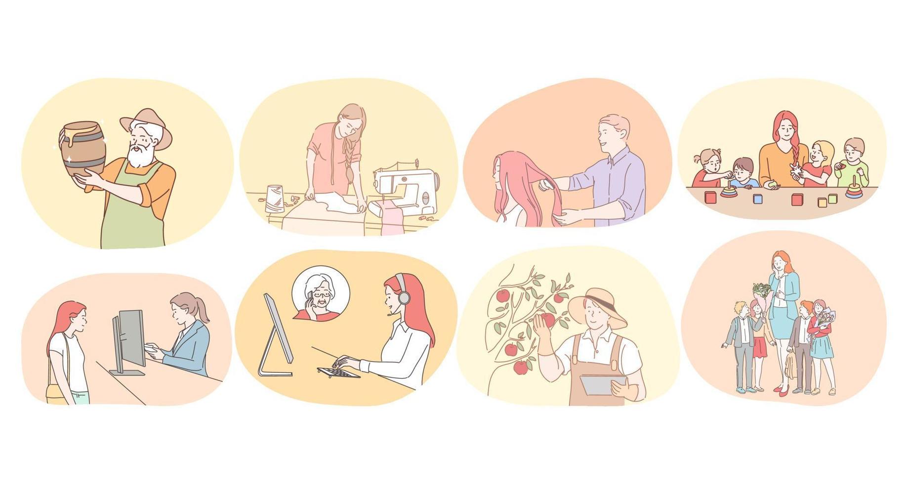 Various professions and occupation concept. People professional beekeeper, dressmaker, hairdresser, nanny in kindergarten, consultant, call center operator, farmer, teacher in school during work vector
