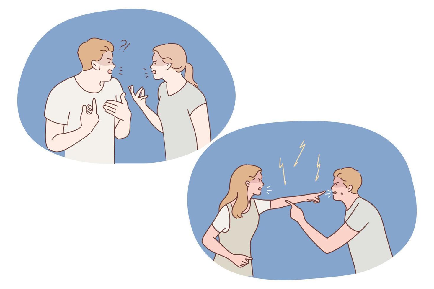 Dispute, conflict, stress, quarrel, abuse, misunderstanding concept. Displeased young couple having conflict during conversation, quarrelling and arguing with aggressive gestures between each other vector