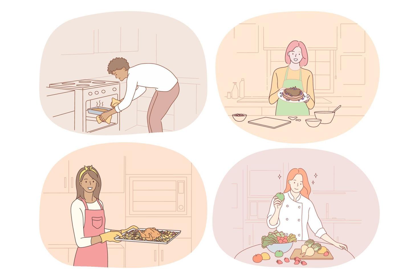 Cooking, baking, recipe, chef, cook, food concept. Young people men and women cooking food at home, baking, making healthy dishes and enjoying time in kitchen vector illustration. Gourmet, homemade