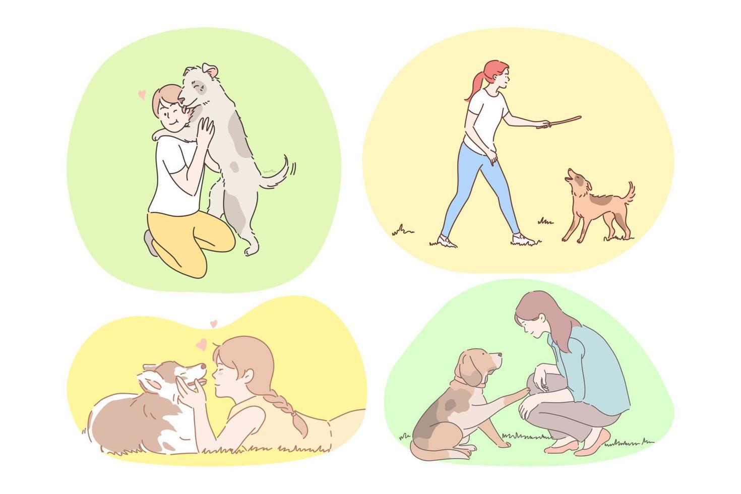 Dogs companionship and friendship concept. Set of happy boys and girls training, teaching, walking and enjoying company of dogs and puppies outdoors in summer isolated over white vector