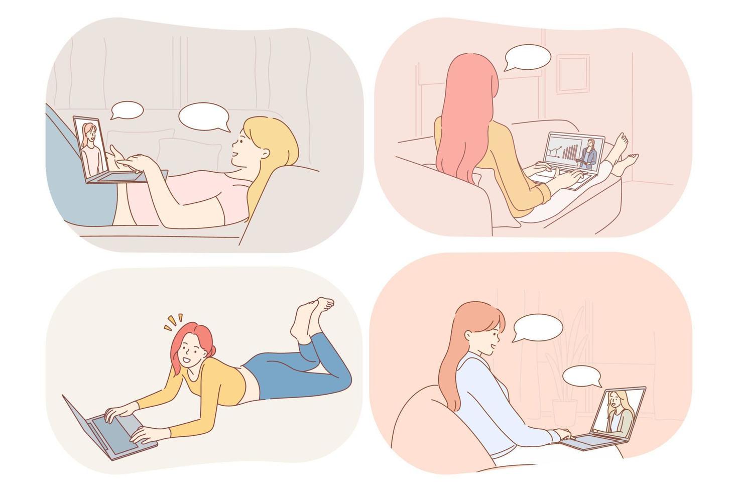 Online communication, chatting, e-learning concept. Young women cartoon characters communicating online with friends, studying watching distant courses and searching for information illustration vector
