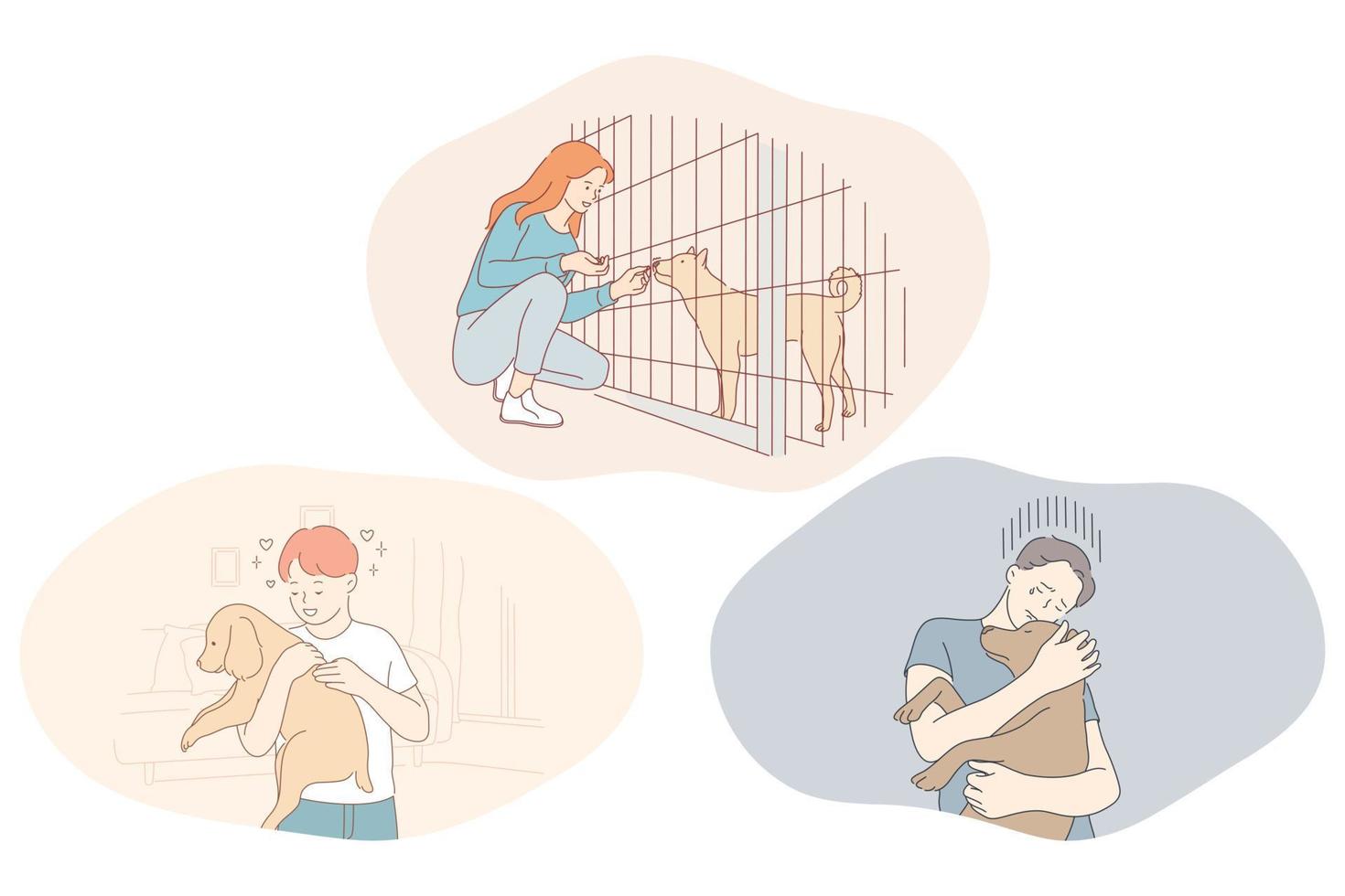 Adoption dogs from shelter, volunteering and helping pets concept. Young boys and girl feeding dogs in shelter cage, holding on hands, hugging and taking care of adopted puppies illustration vector
