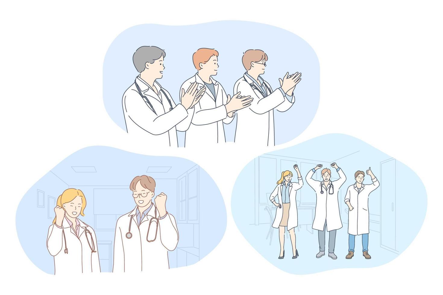 Medicine, doctors, success, teamwork, achievement, thanking concept. Young people doctors in white uniform showing successful achievement, applauding and feeling happy in medical clinic office vector