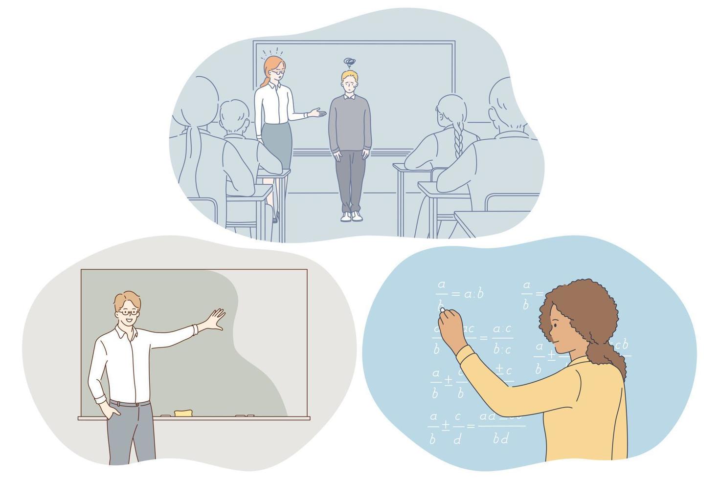 Studying in school, pupil, teacher concept. Teacher introducing new pupil to classmates in classroom, teacher explaining information, girl student solving task on chalkboard at school illustration vector