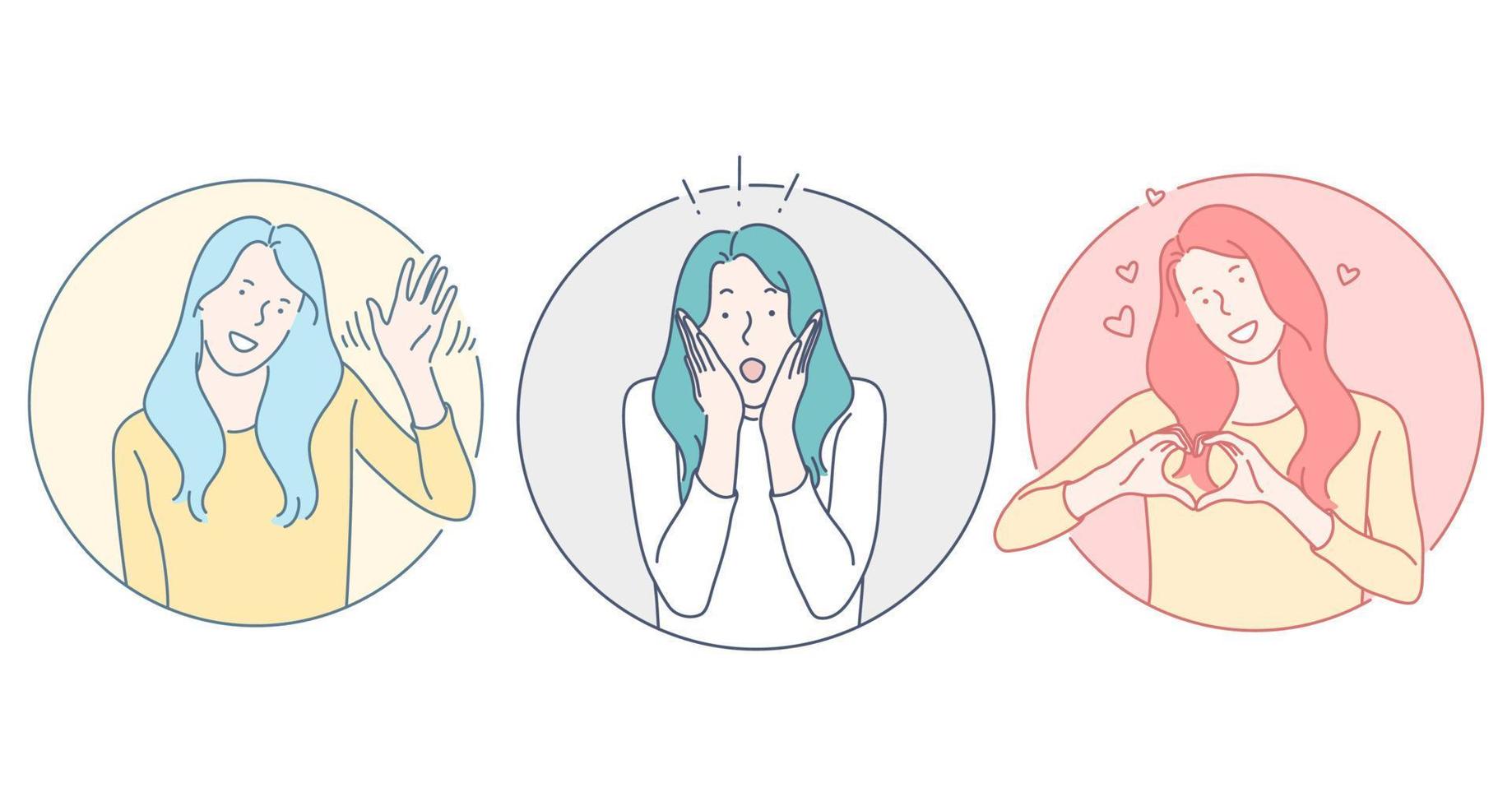 mujer diferentes emociones concepto. personaje de dibujos animados de mujer joven saludando y saludando, sintiéndose sorprendido y mostrando el corazón como símbolo de amor y sonrisa. expresión facial, emociones positivas vector