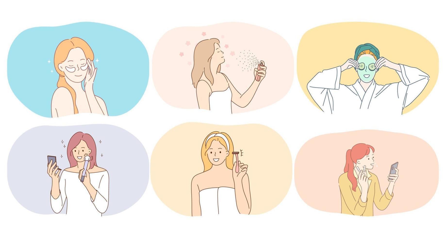 cosmética, maquillaje, concepto de belleza. jóvenes personajes de dibujos animados de mujeres sonrientes que usan crema facial, spray para el cabello, máscaras de belleza, parches para los ojos, maquinilla de afeitar para afeitarse haciendo ilustraciones de maquillaje vector