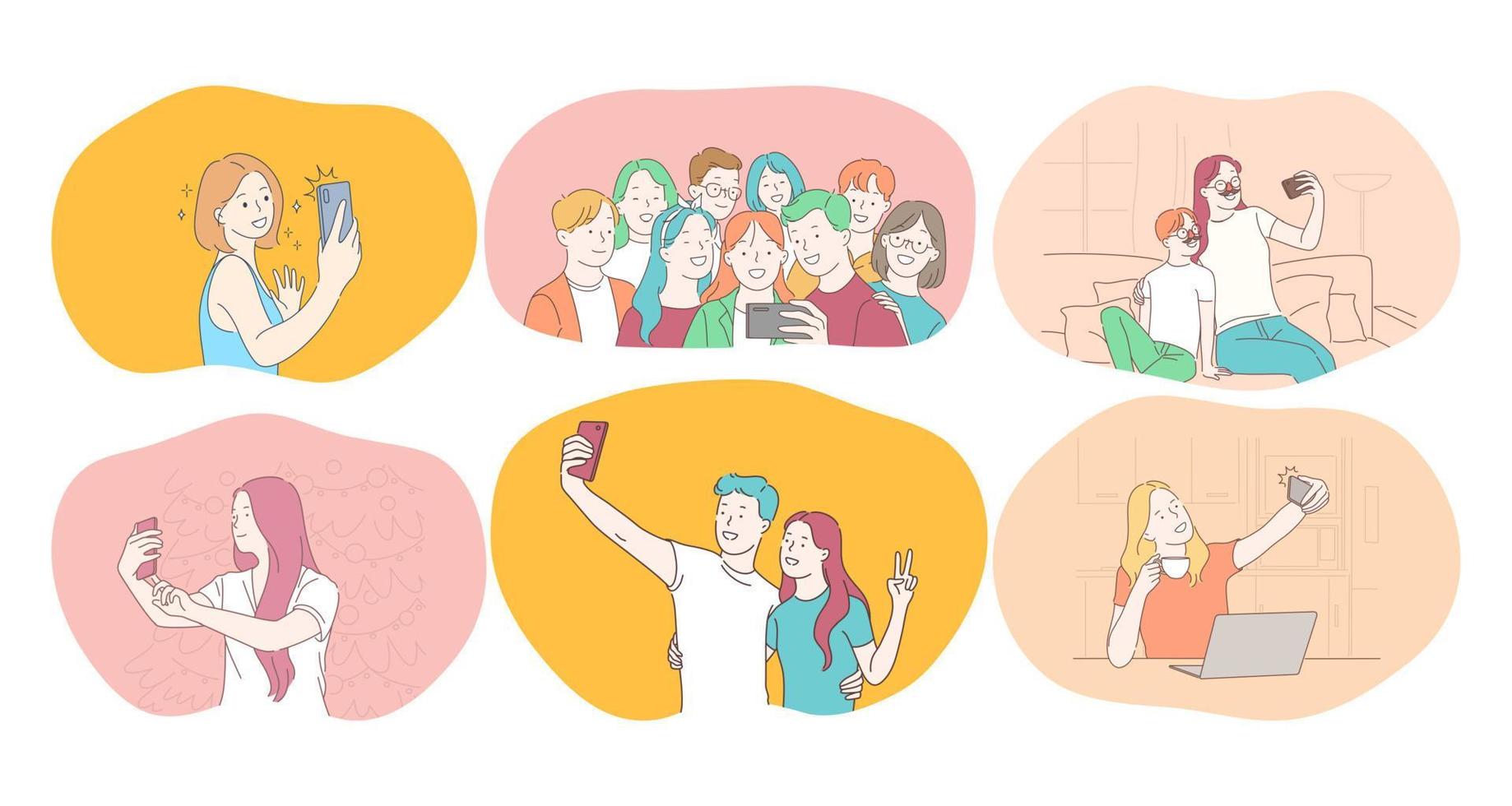 selfie, teléfono inteligente, ilustración de vector de fotografía. gente sonriente amigos pareja adolescentes familia haciendo selfie en smartphone. estilo de vida, foto, disparo, compartir, historias, en línea, móvil