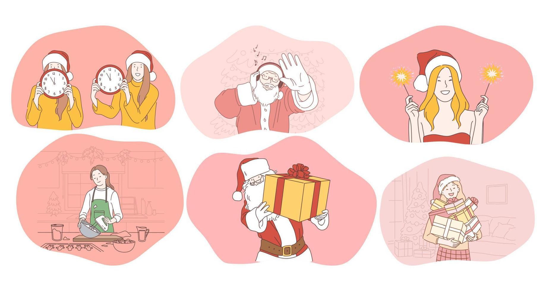 Christmas present, gift, Santa, celebration of New Year and winter holidays concept. Smiling people preparing for New Year, burning sparklers, celebrating, cooking festive dinner, getting gifts vector