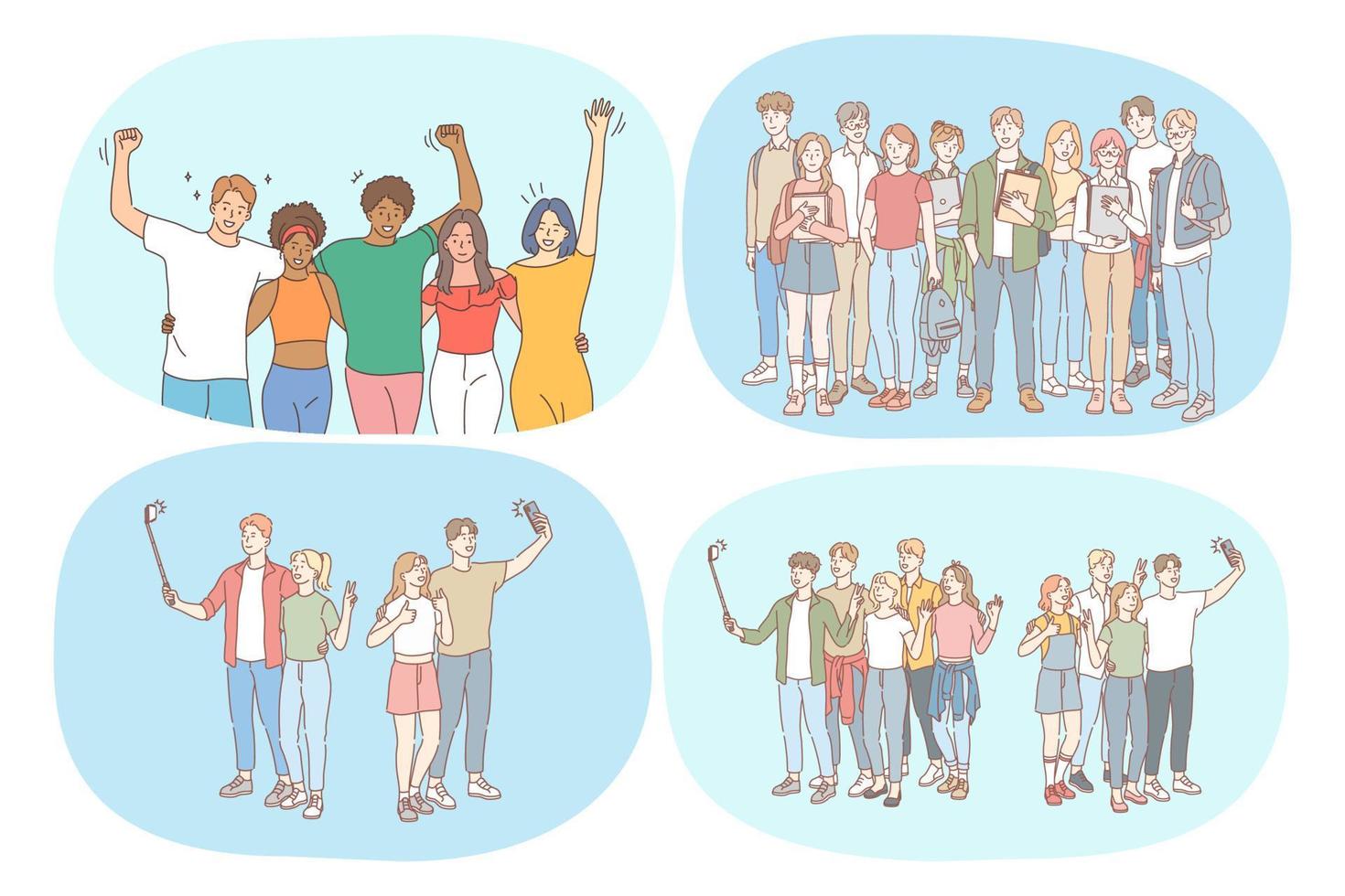 Friendship, students, communication, mates, education, university, friends concept. Group of happy smiling people friends teens having fun, standing with books, making selfie together vector
