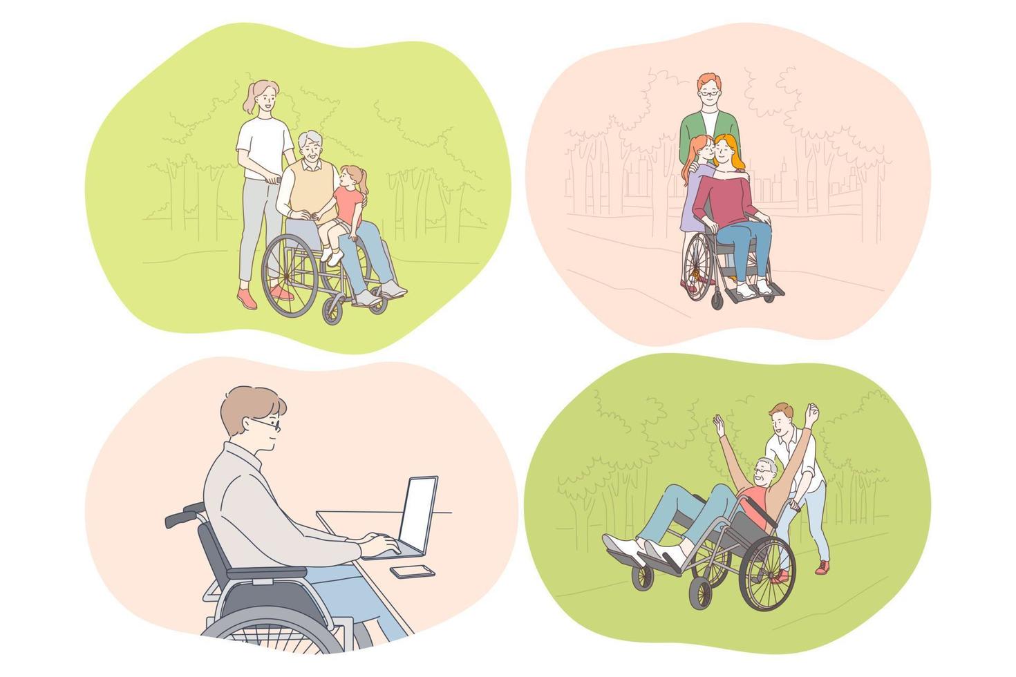 Disabled people on wheelchair living happy active lifestyle concept. Young disabled men and women on wheelchairs having family, working on laptop, walking in park, enjoying time and having fun vector