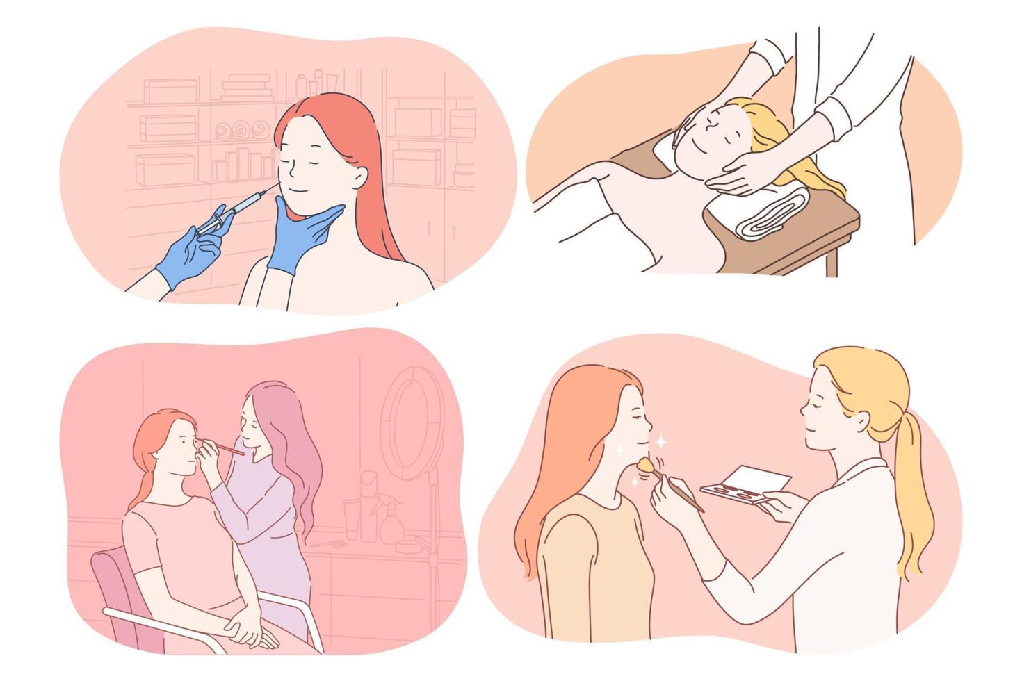 Cosmetology, dermatology, make up, massage, skincare concept. Young women cartoon characters getting procedures of beauty injection, facial massage, professional make up from doctors and beauticians vector