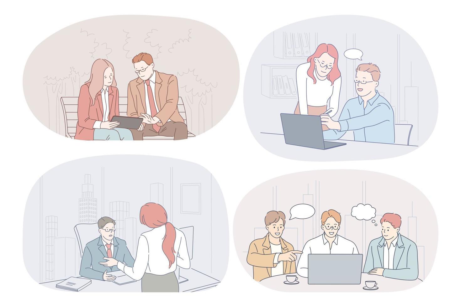 Teamwork, communication, business, cooperation, discussion, report concept. Business people partners coworkers discussing working projects, having brainstorming, making presentations together vector