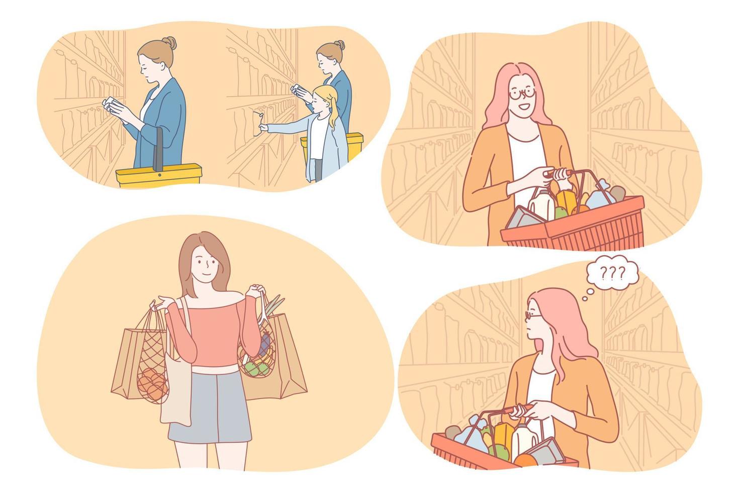 Shopping, supermarket, grocery store concept. Young positive woman cartoon character walking along shelves in supermarket with cart and choosing fresh products and food ingredients to buy vector