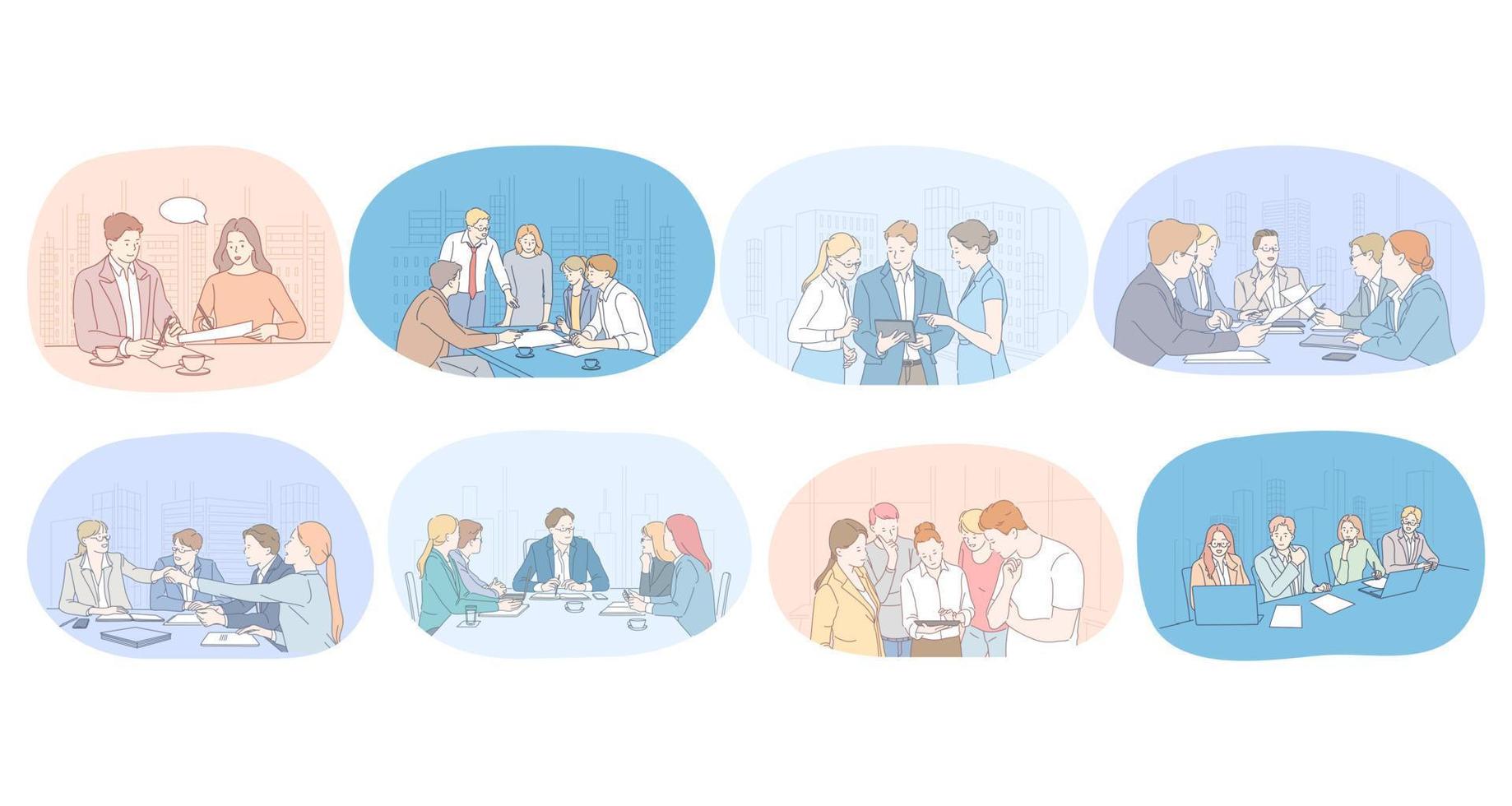 Communication, business, teamwork, brainstorming, presentation, agreement concept. Business people partners coworkers cartoon characters discussing projects, having brainstorming, negotiating vector