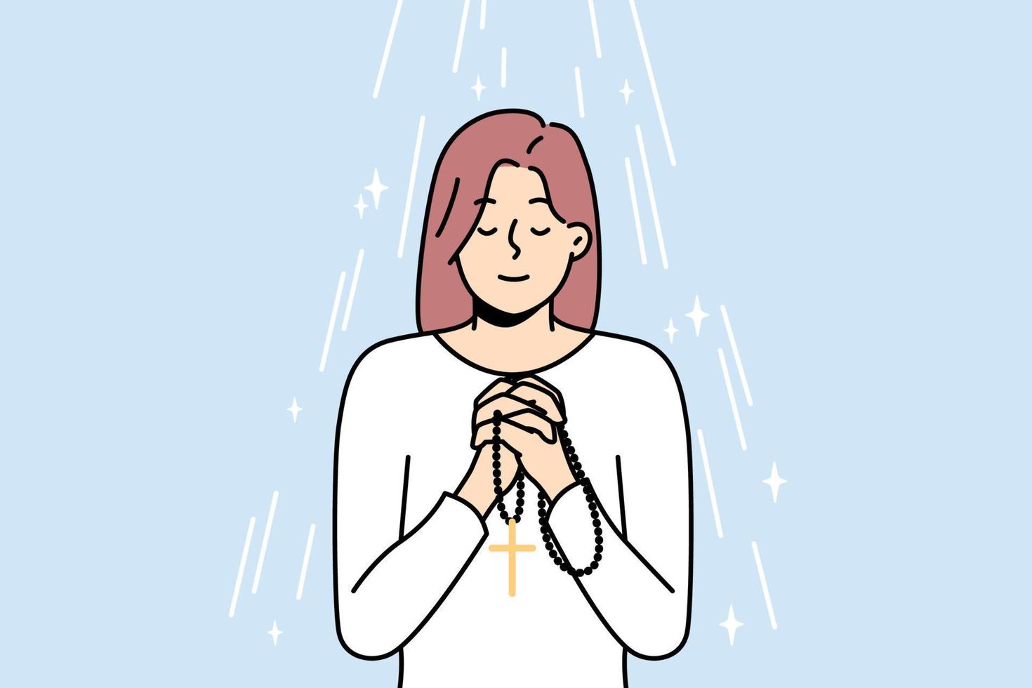 Young woman with rosary in hands praying. Religious superstitious girl with beads talk to God ask about good fate. Religion and faith. Vector illustration.