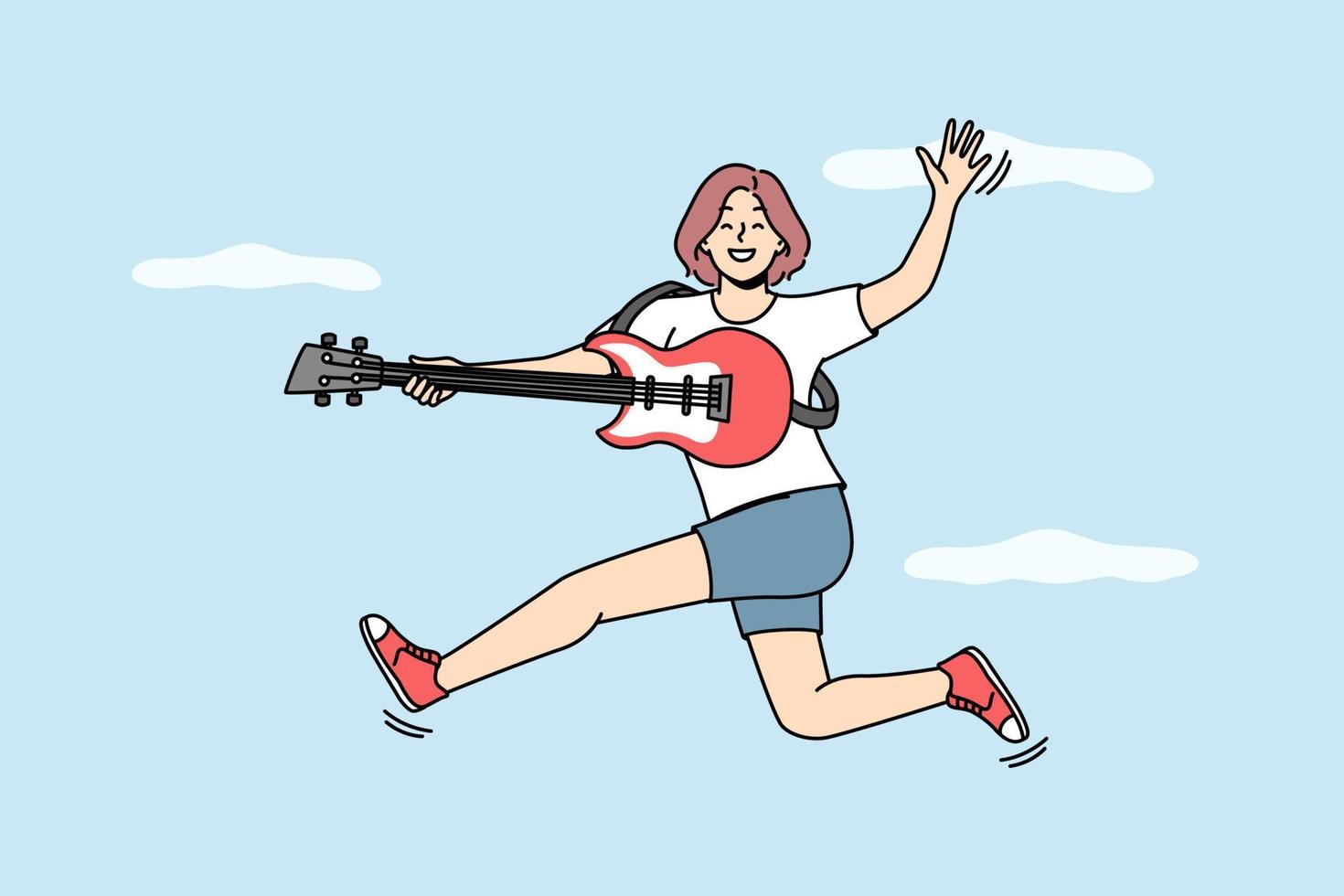 mujer joven encantada salta en el juego de aire en la guitarra. chica sonriente diviértete tocando un instrumento musical. pasatiempo y entretenimiento. ilustración vectorial vector