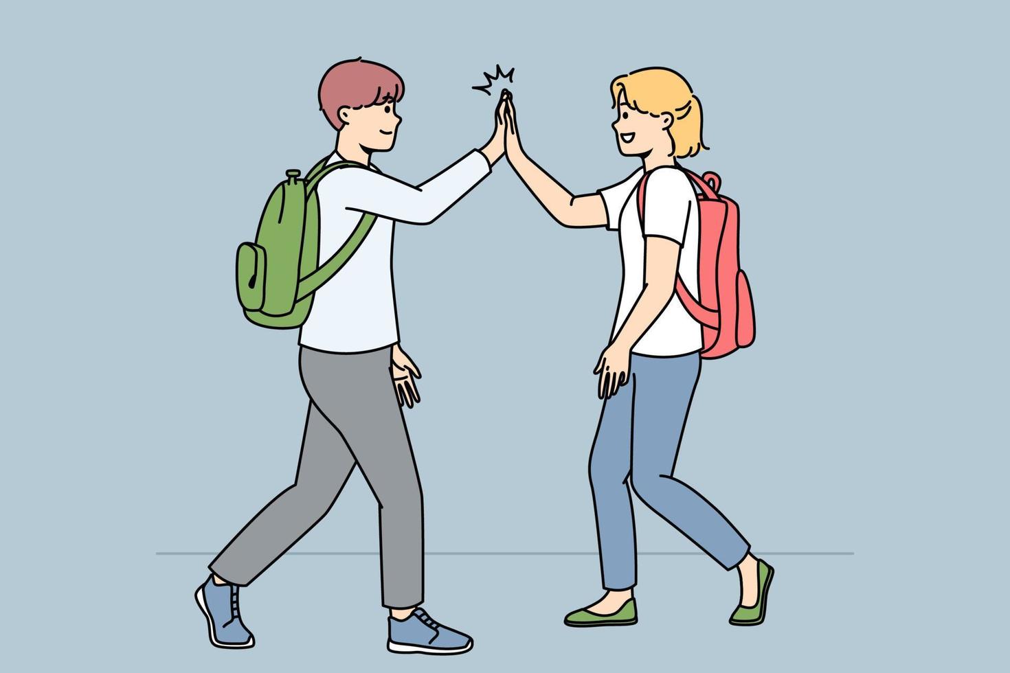 los escolares sonrientes que caminan al aire libre chocan los cinco. amigos felices saludando usando comunicación no verbal. ilustración vectorial vector