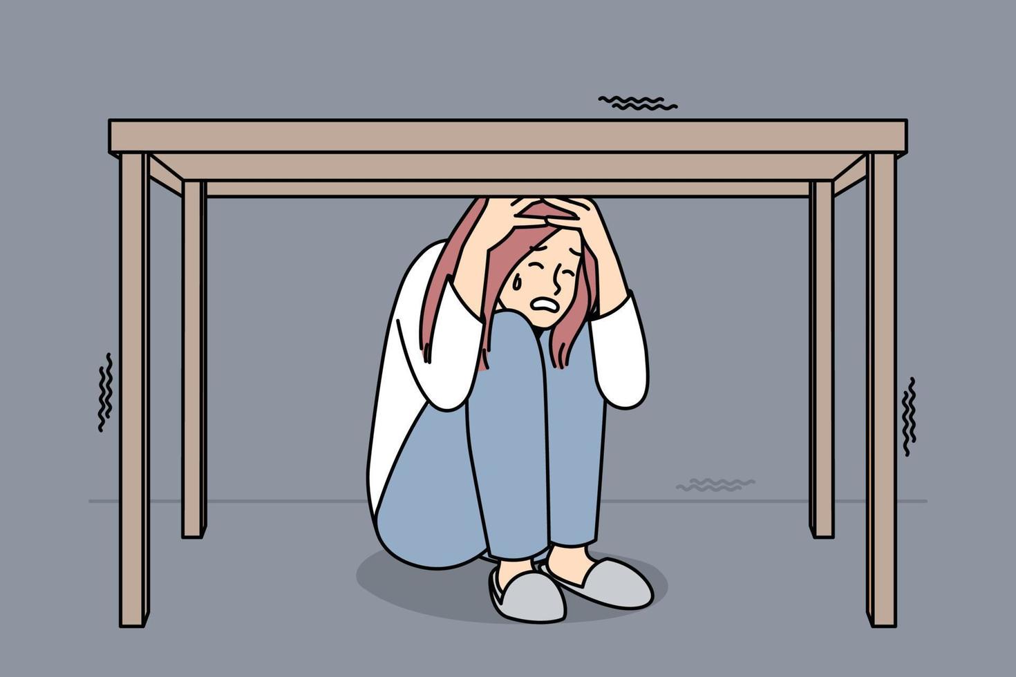 Unhappy woman feel scared and terrifies hide under table. Stressed female cry suffer from fear and panic attack. Vector illustration.