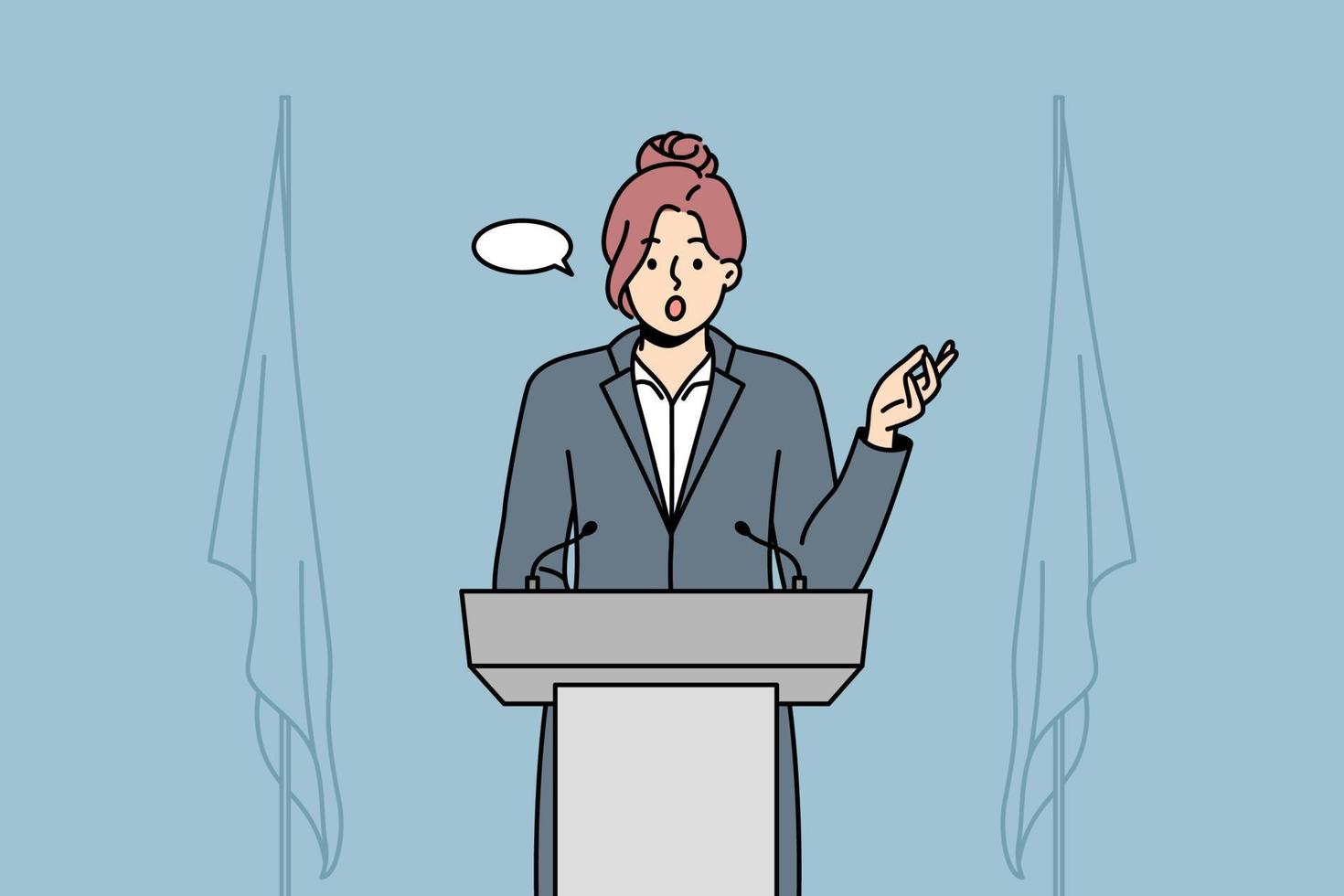 Businesswoman with speech bubble above head speak at conference. Female employee in formalwear make presentation at business meeting or seminar. Vector illustration.