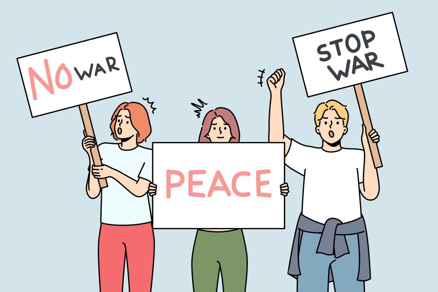 Diverse people with posters protest against war at street demonstration. Decisive activists with placards stand for peace. Anti-war picket or march. Vector illustration.