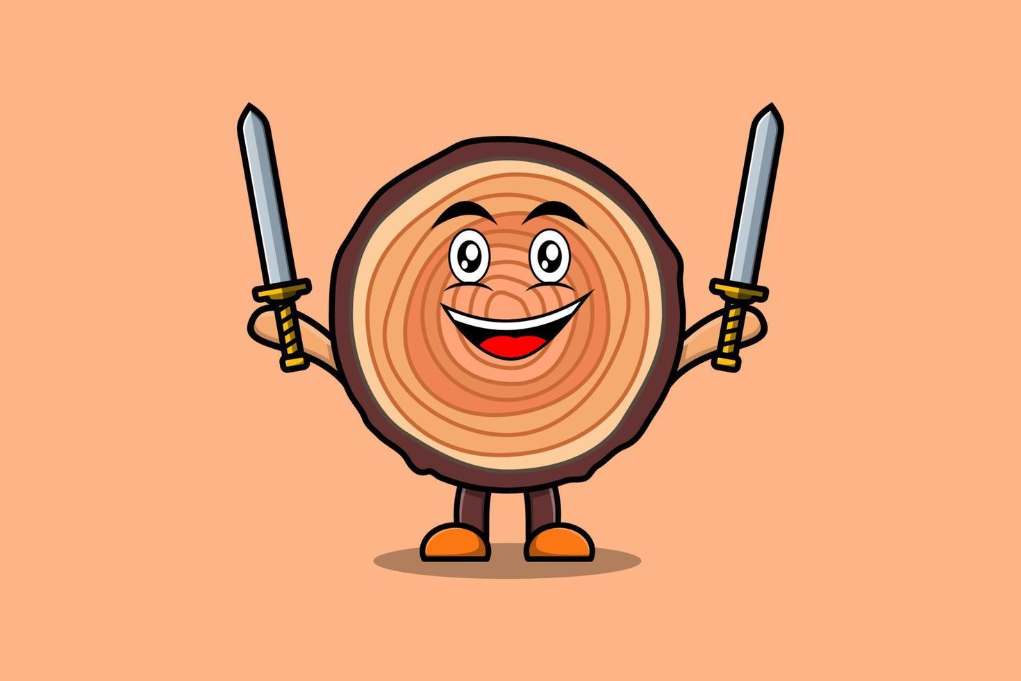 Cute cartoon Wood trunk character hold two sword vector