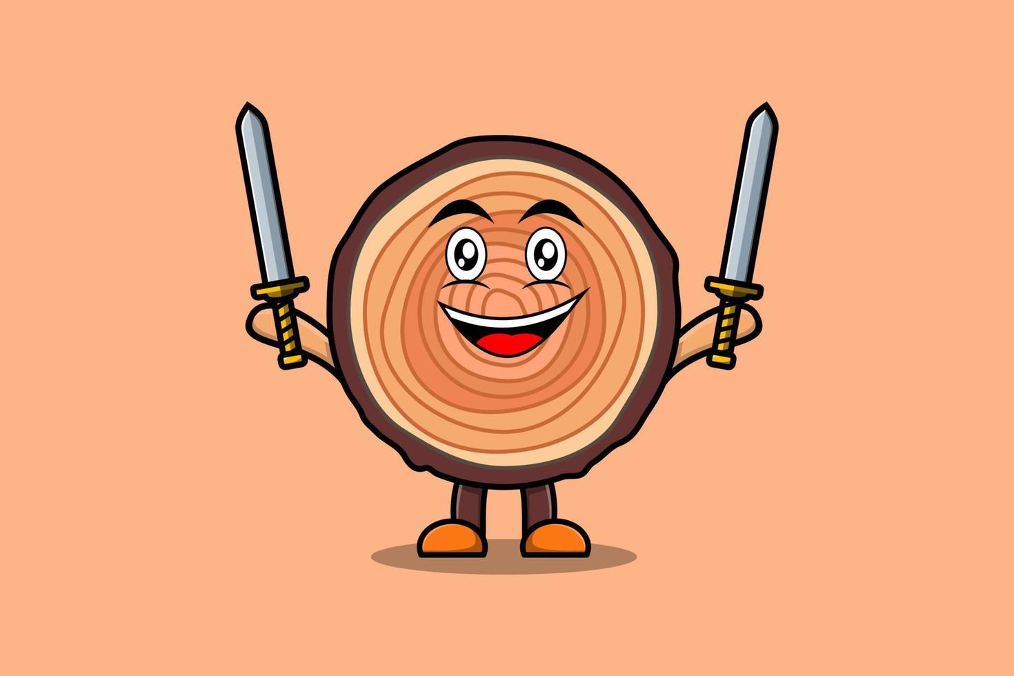 personaje de tronco de madera de dibujos animados lindo sostén dos espadas vector