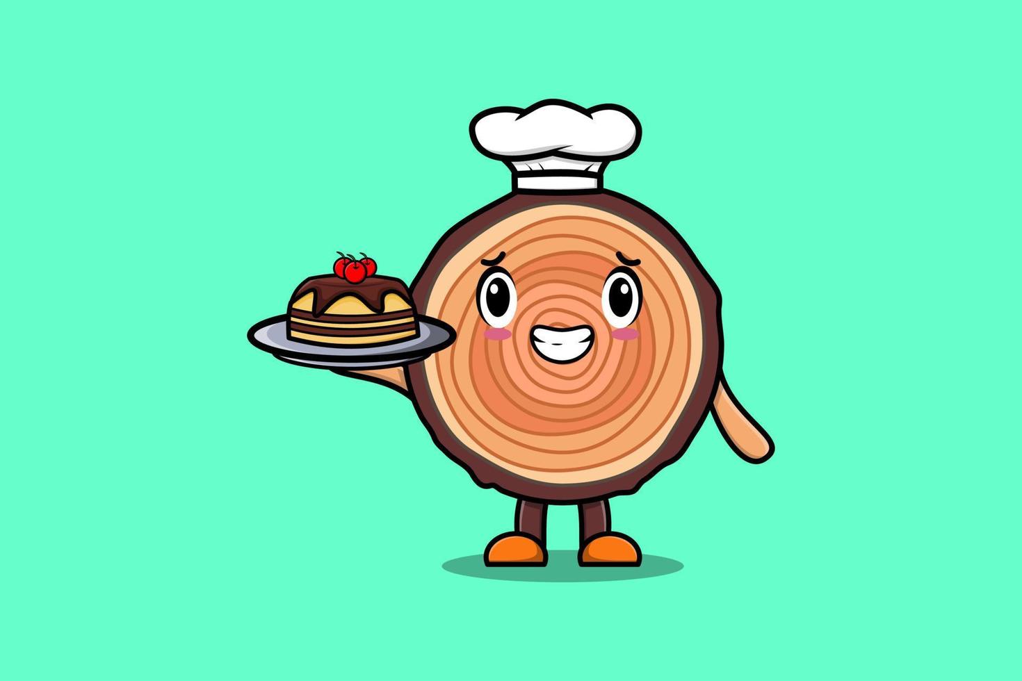 Cute Cartoon chef Wood trunk serving cake on tray vector