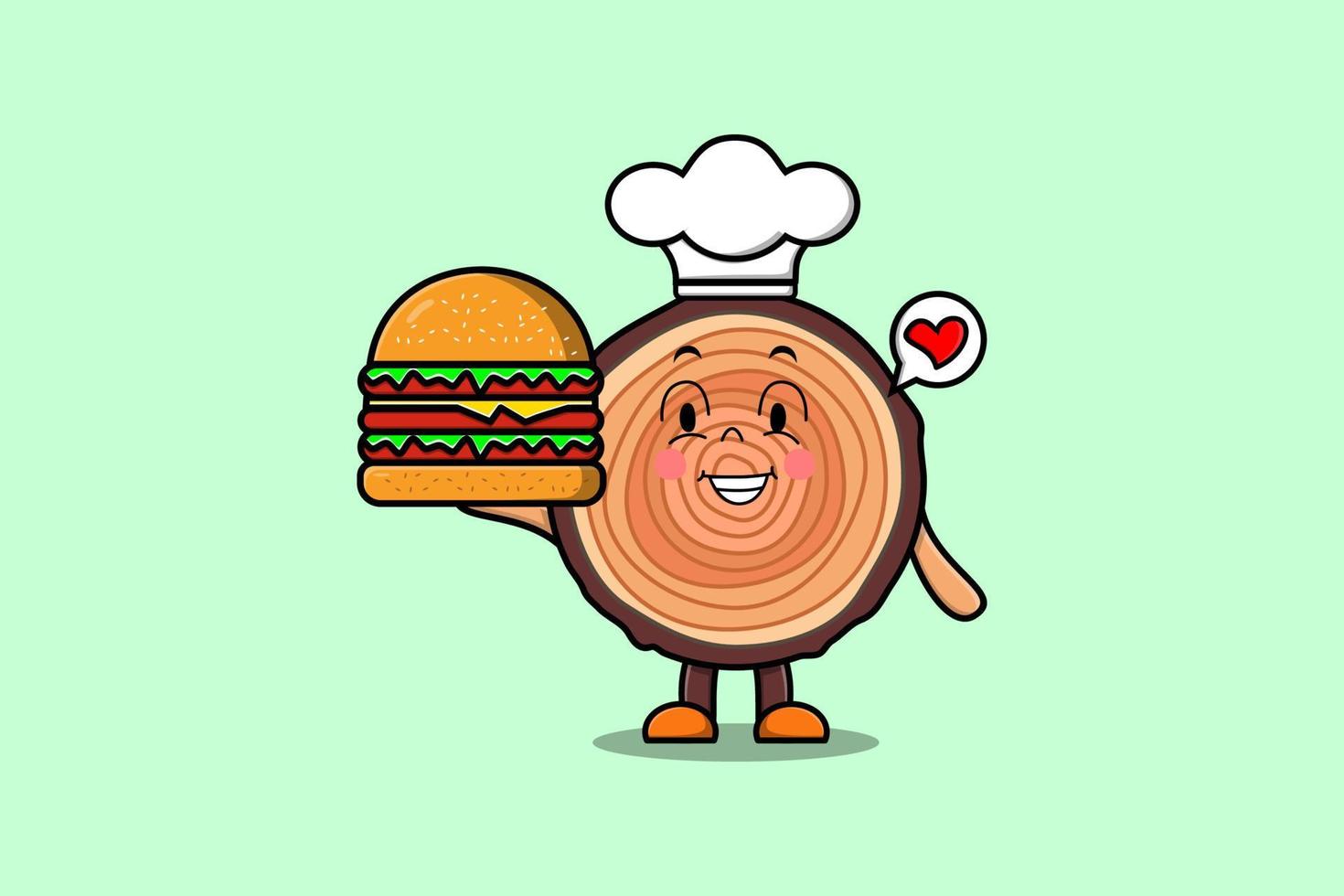 Cute cartoon Wood trunk chef character hold burger vector