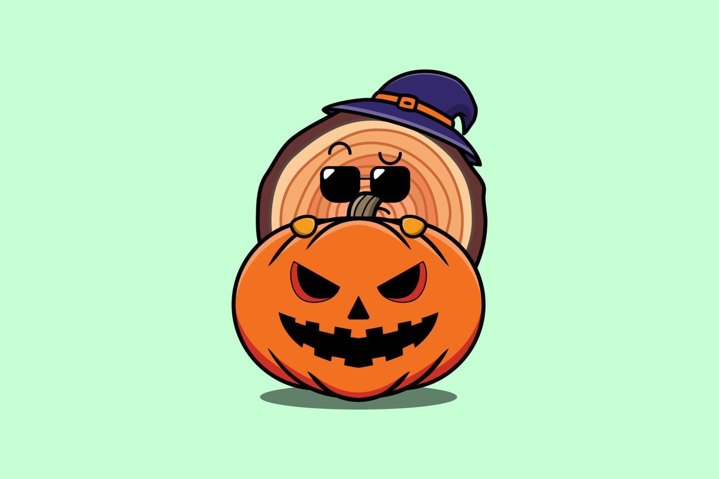 Cute Wood trunk cartoon character hide in pumpkin vector