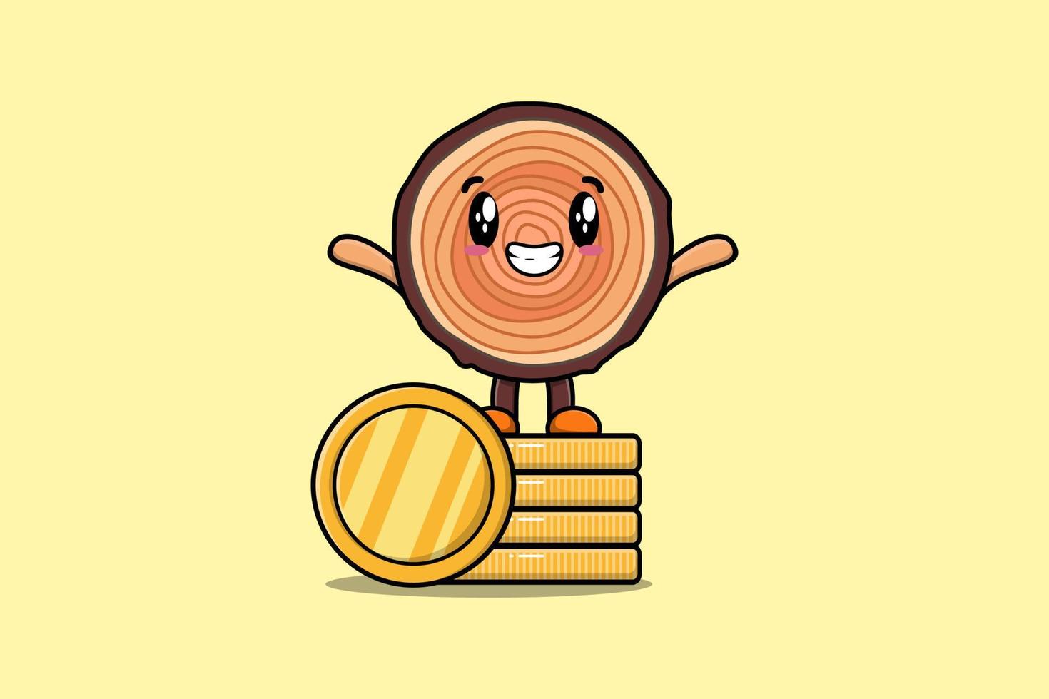 Cute cartoon Wood trunk stand in stacked gold coin vector
