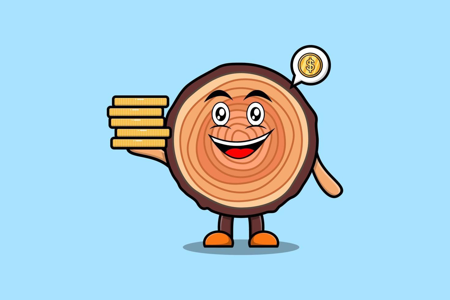 Cute cartoon Wood trunk hold in stacked gold coin vector