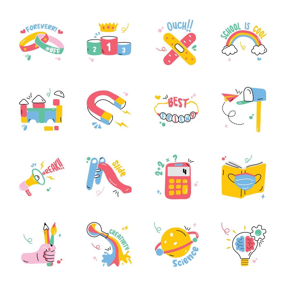 Set of School Objects Flat Stickers vector