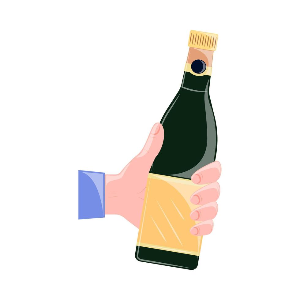 mano con botella de vino vector