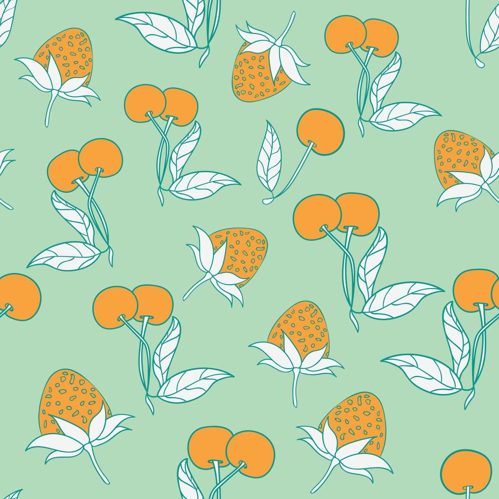 Cherries seamless pattern design. Beautiful tropical berries background. Tropical fruits and leaves seamless pattern background. Good for prints, wrapping paper, textile and fabric. vector