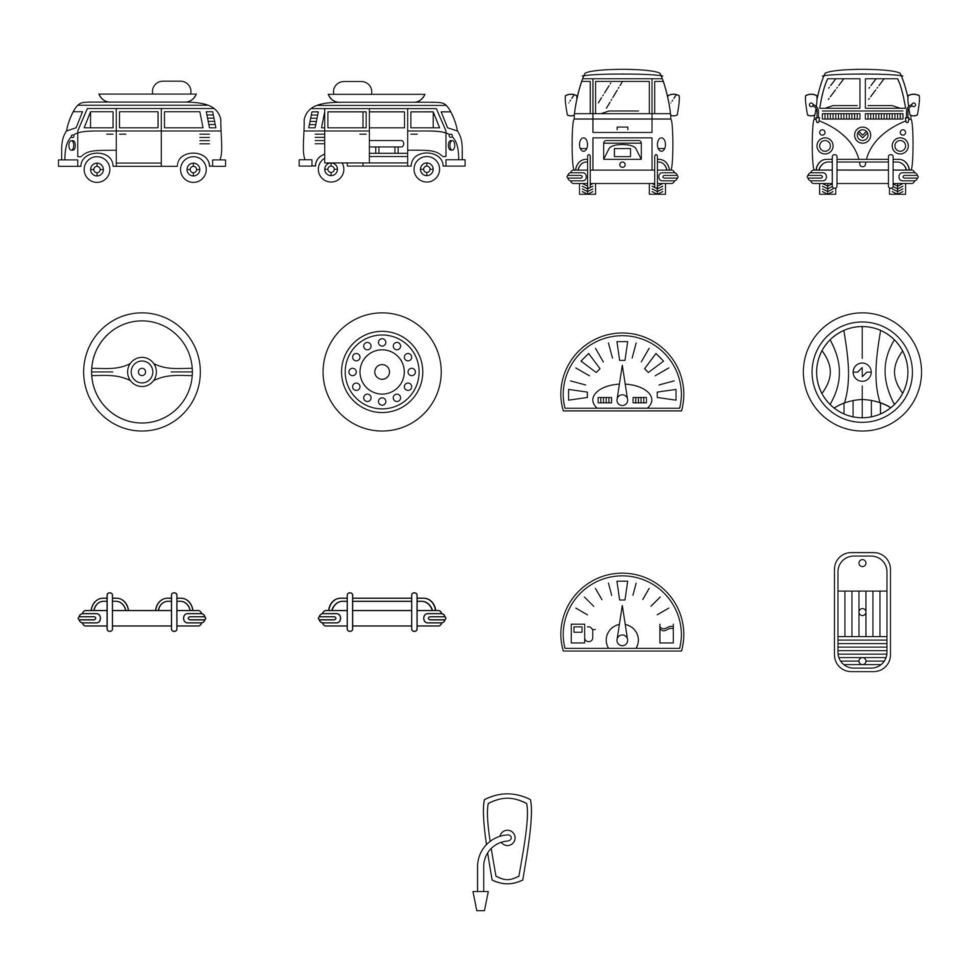 conjunto de iconos de autocaravanas en estilo de línea de silueta plana. Iconos de todoterreno, camioneta, camión y remolque de viaje. ilustración de stock de vector de transporte.