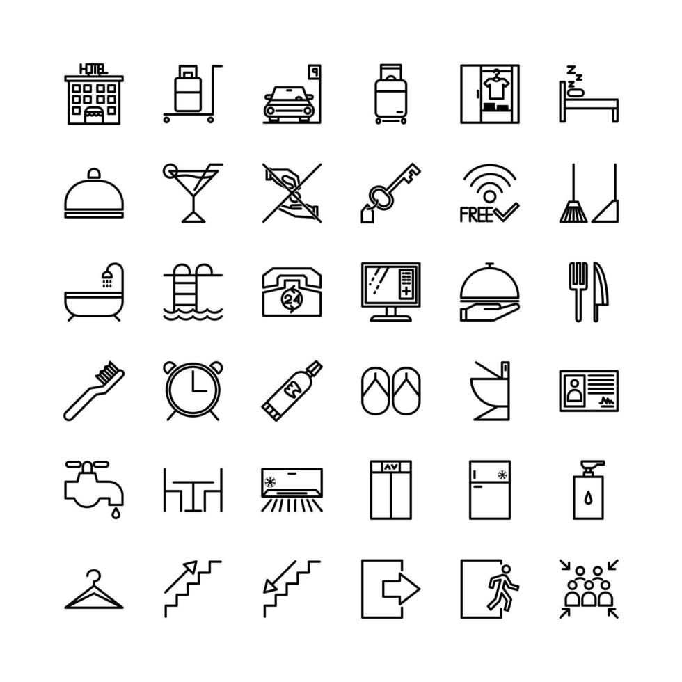 Hotel icons set. Rental property isolated icons. Set of apartment reservation, hotel booking, rent hostel room, airport transfer, room area, flat rent, five star hotel, service line vector web icon