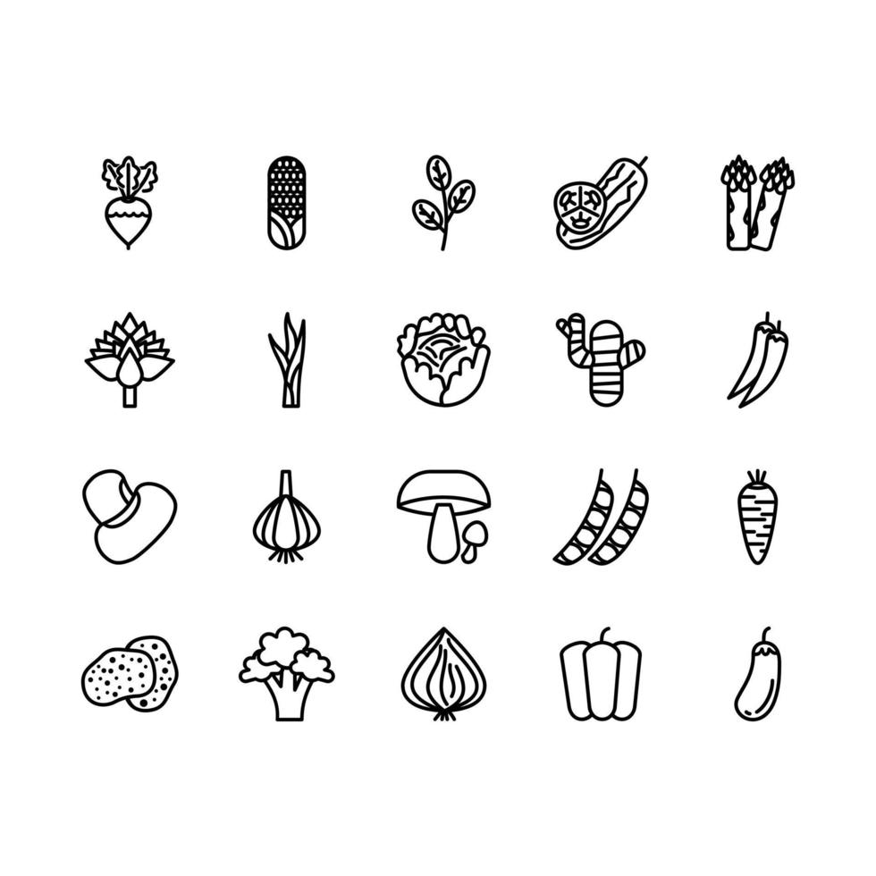 Vegetarian, vegetable, veggies - minimal thin line web icon set. Included the simple vector icons as tomato, cucumber, kohlrabi, cauliflower, pattypan squash, fiddleheads. Outline icons collection.