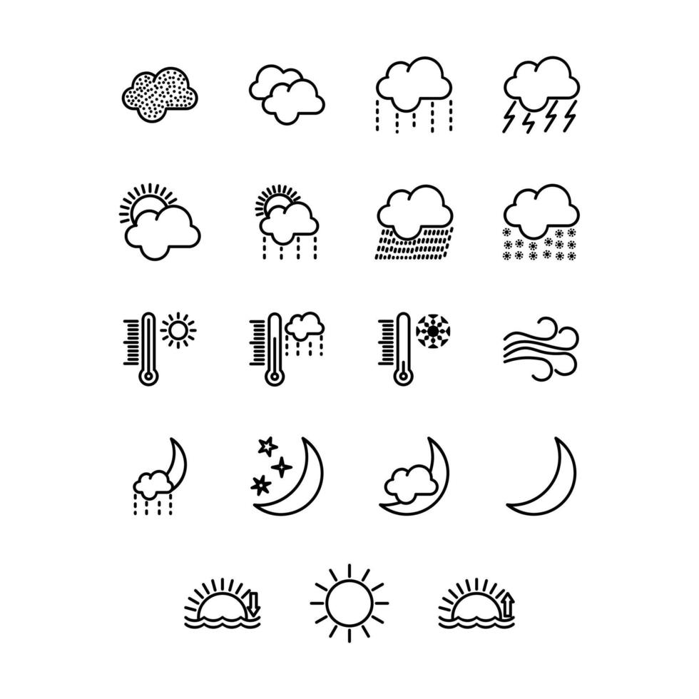 weather icons set on transparent background. Vector illustration. White clouds, dew on leaves, fog sign, day and night for forecast design. Sun and thunderstorm stickers.