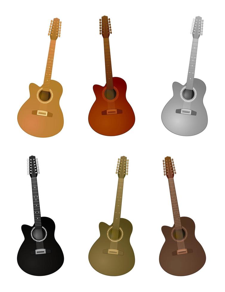 Icons of an acoustic guitar of six colours. A vector illustration